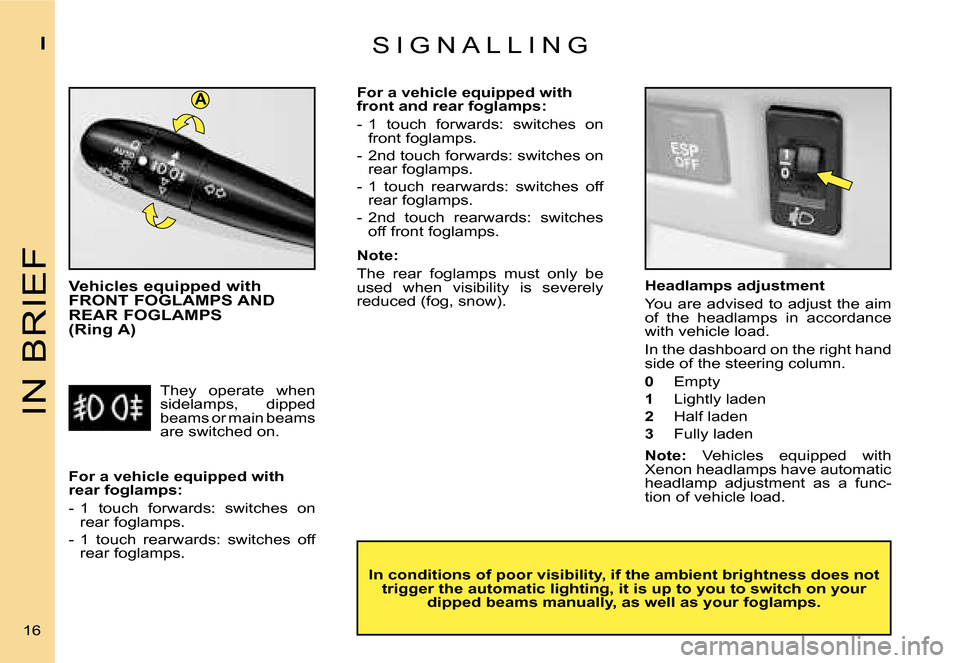 Citroen C4 RHD 2006.5 1.G User Guide �A
�I�N� �B�R�I�E�F
�I
�1�6� �S �I �G �N �A �L �L �I �N �G
�V�e�h�i�c�l�e�s� �e�q�u�i�p�p�e�d� �w�i�t�h�  
�F�R�O�N�T� �F�O�G�L�A�M�P�S� �A�N�D� 
�R�E�A�R� �F�O�G�L�A�M�P�S� � 
�(�R�i�n�g� �A�)
�I�n� 