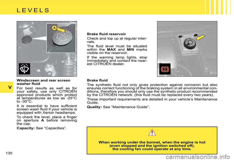 Citroen C4 RHD 2006.5 1.G Owners Manual V
130  Windscreen	and	rear	screen	 
�w�a�s�h�e�r� �ﬂ�u�i�d 
For  best  results  as  well  as  for  
your  safety,  use  only  CITROËN 
approved  products  which  protect 
at  temperatures  as  low 