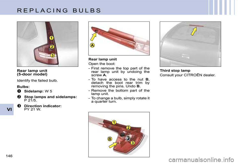 Citroen C4 RHD 2006.5 1.G Owners Manual �3
�2
�1
�1
�2
�3�B
�A
�V�I
�1�4�6� �R�e�a�r� �l�a�m�p� �u�n�i�t�  
�(�5�-�d�o�o�r� �m�o�d�e�l�) 
�I�d�e�n�t�i�f�y� �t�h�e� �f�a�i�l�e�d� �b�u�l�b�.
�B�u�l�b�s�:
��  �S�i�d�e�l�a�m�p�:
� �W� �5
�