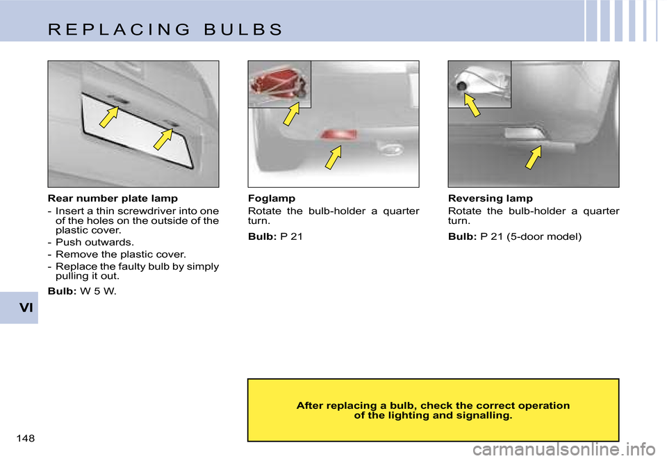 Citroen C4 RHD 2006.5 1.G Owners Manual �V�I
�1�4�8� �R�e�a�r� �n�u�m�b�e�r� �p�l�a�t�e� �l�a�m�p 
�-�  �I�n�s�e�r�t� �a� �t�h�i�n� �s�c�r�e�w�d�r�i�v�e�r� �i�n�t�o� �o�n�e� 
�o�f� �t�h�e� �h�o�l�e�s� �o�n� �t�h�e� �o�u�t�s�i�d�e� �o�f� �t�