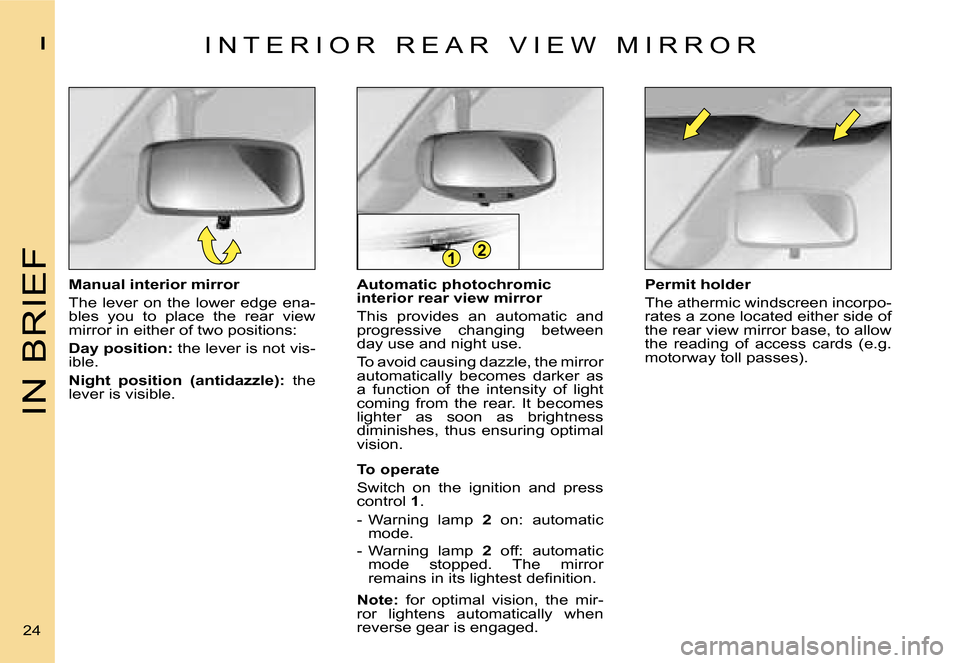 Citroen C4 RHD 2006.5 1.G Owners Guide �2�1
�I�N� �B�R�I�E�F
�I
�2�4� �A�u�t�o�m�a�t�i�c� �p�h�o�t�o�c�h�r�o�m�i�c�  
�i�n�t�e�r�i�o�r� �r�e�a�r� �v�i�e�w� �m�i�r�r�o�r 
�T�h�i�s�  �p�r�o�v�i�d�e�s�  �a�n�  �a�u�t�o�m�a�t�i�c�  �a�n�d�  
�