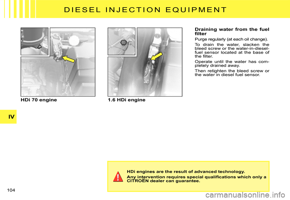 Citroen C2 DAG 2007.5 1.G Owners Manual �1�0�4� 
IV
HDi 70 engine1.6 HDi engine
HDi engines are the result of advanced technology.
�A�n�y� �i�n�t�e�r�v�e�n�t�i�o�n� �r�e�q�u�i�r�e�s� �s�p�e�c�i�a�l� �q�u�a�l�i�ﬁ� �c�a�t�i�o�n�s� �w�h�i�c�