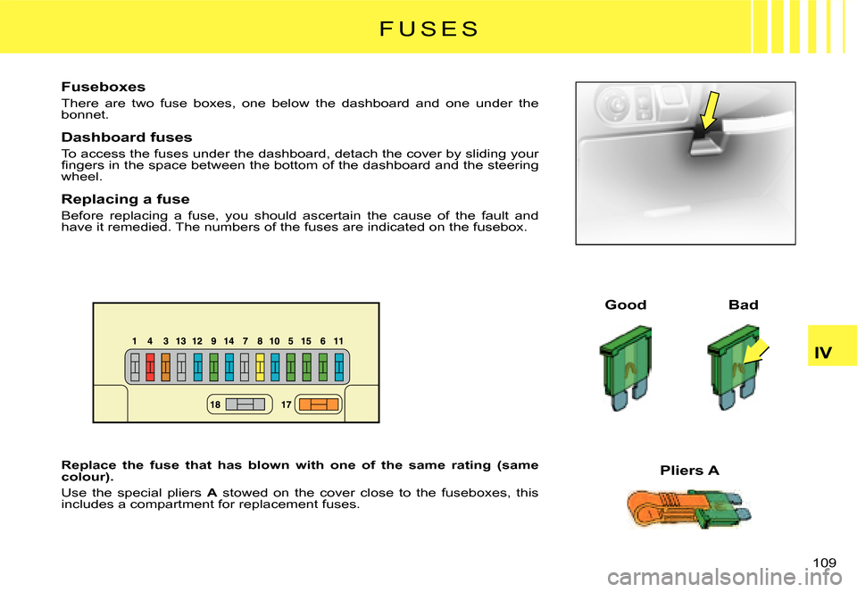 Citroen C2 DAG 2007.5 1.G Owners Manual �1�0�9� 
IV
F U S E S
Fuseboxes
There  are  two  fuse  boxes,  one  below  the  dashboard  and  one under  the bonnet.
Dashboard fuses
To access the fuses under the dashboard, detach the cover by slid