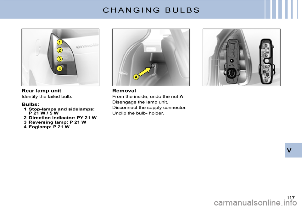 Citroen C2 DAG 2007.5 1.G Owners Manual A
1
2
3
4
�1�1�7� 
V
Rear lamp unit
Identify the failed bulb.
Bulbs:1  Stop-lamps and sidelamps: P 21 W / 5 W2  Direction indicator: PY 21 W3  Reversing lamp: P 21 W4  Foglamp: P 21 W
Removal
From the