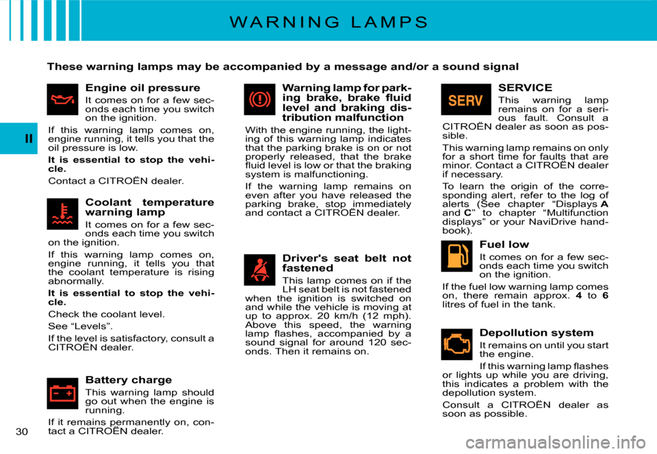 Citroen C2 DAG 2007.5 1.G Owners Manual �3�0� 
II
W A R N I N G   L A M P S
These warning lamps may be accompanied by a message and/or a sound signal
Engine oil pressure
It comes on for a few sec-onds each time you switch on the ignition.
I