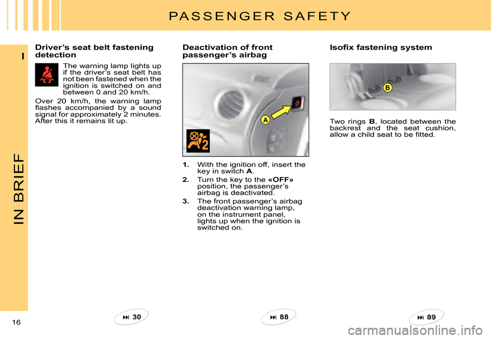 Citroen C2 2007.5 1.G User Guide A
B
IN BRIEF
16 
I
Driver’s seat belt fastening detectionDeactivation of front passenger’s airbag 
The warning lamp lights up if  the  driver’s  seat  belt  has not been fastened when the igniti