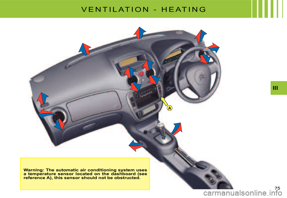 Citroen C2 2007.5 1.G Owners Manual A
III
�7�5� 
Warning: The automatic air conditioning system uses a  temperature  sensor  located  on  the  dashboard  (see reference A), this sensor should not be obstructed.
�V �E �N �T �I �L �A �T �