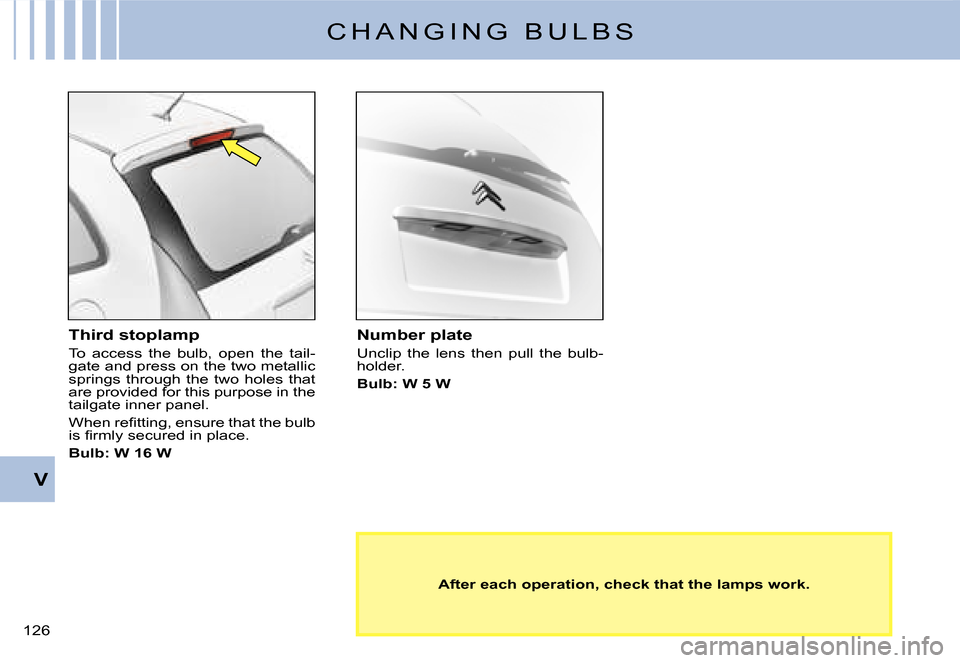 Citroen C3 DAG 2007.5 1.G Owners Manual V
�1�2�6� 
C H A N G I N G   B U L B S
Third stoplamp
To  access  the  bulb,  open  the  tail-gate and press on the two metallic springs  through  the  two  holes  that are provided for this purpose i