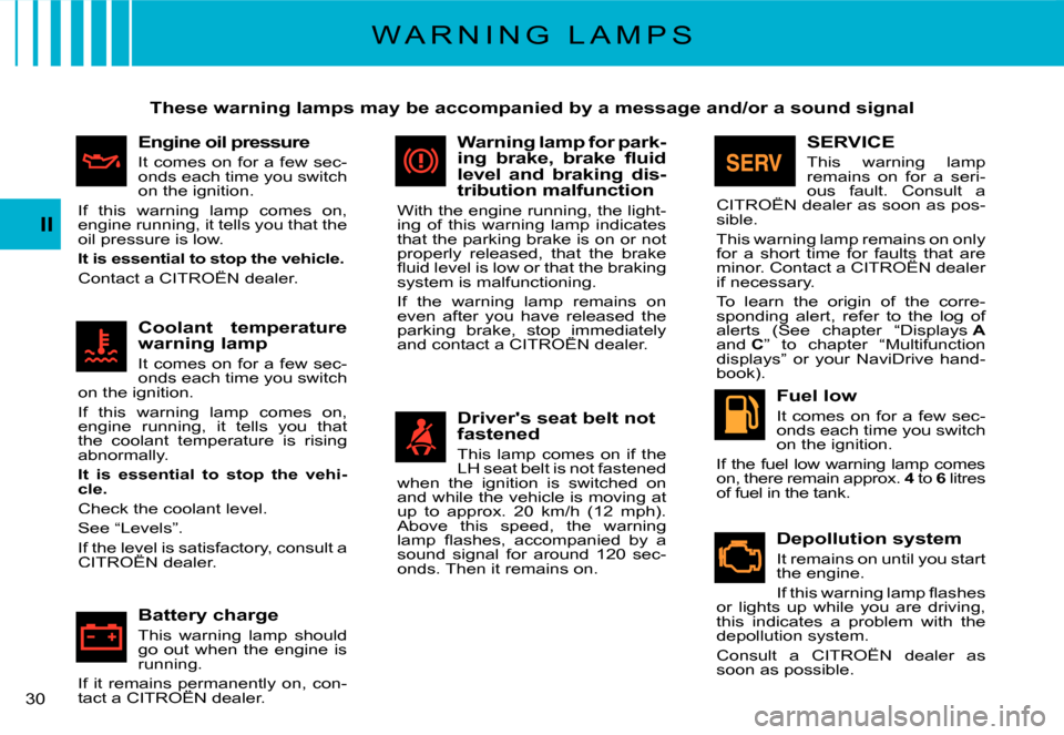 Citroen C3 DAG 2007.5 1.G Owners Guide II
�3�0� 
W A R N I N G   L A M P S
These warning lamps may be accompanied by a message and/or a sound signal
Engine oil pressure
It comes on for a few sec-onds each time you switch on the ignition.
I
