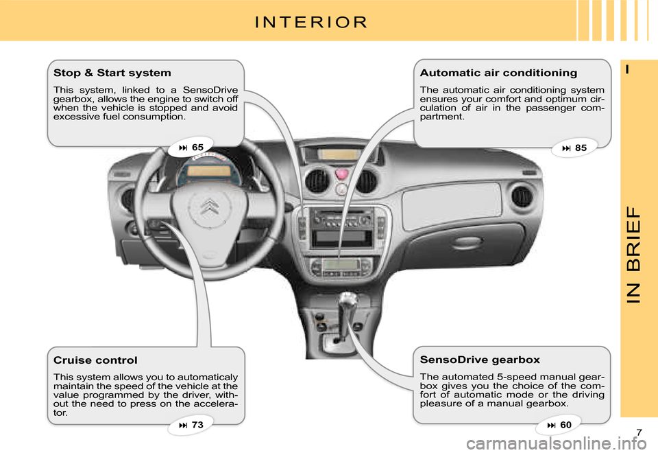 Citroen C3 DAG 2007.5 1.G Owners Manual IN
BRIEF
7 
IStop & Start system 
This  system,  linked  to  a  SensoDrive gearbox, allows the engine to switch off when  the  vehicle  is  stopped  and  avoid excessive fuel consumption.
Cruise contr