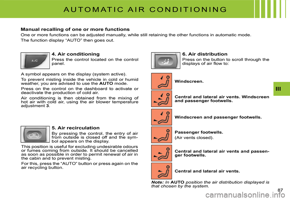 Citroen C3 DAG 2007.5 1.G Owners Manual III
�8�7� 
 A U T O M A T I C   A I R   C O N D I T I O N I N G 
Manual recalling of one or more functions
One or more functions can be adjusted manually, while still retaining the other functions in 