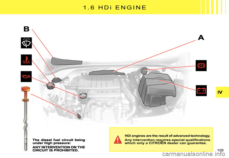 Citroen C3 2007.5 1.G Owners Manual �1�0�9� 
�1 �. �6 �  �H �Di  E N G I N E
HDi engines are the result of advanced technology.
�A�n�y� �i�n�t�e�r�v�e�n�t�i�o�n� �r�e�q�u�i�r�e�s� �s�p�e�c�i�a�l� �q�u�a�l�i�ﬁ� �c�a�t�i�o�n�s� which on