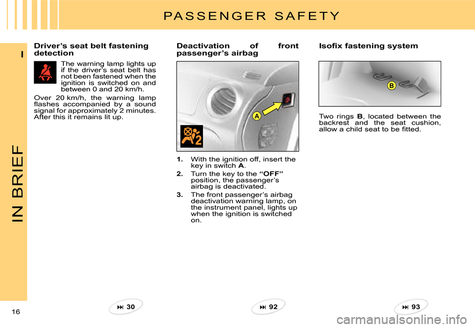 Citroen C3 2007.5 1.G User Guide A
B
IN BRIEF
16 
I
Driver’s seat belt fastening  
detectionDeactivation  of  front 
passenger’s airbag 
The warning lamp lights up if  the  driver’s  seat  belt  has not been fastened when the i