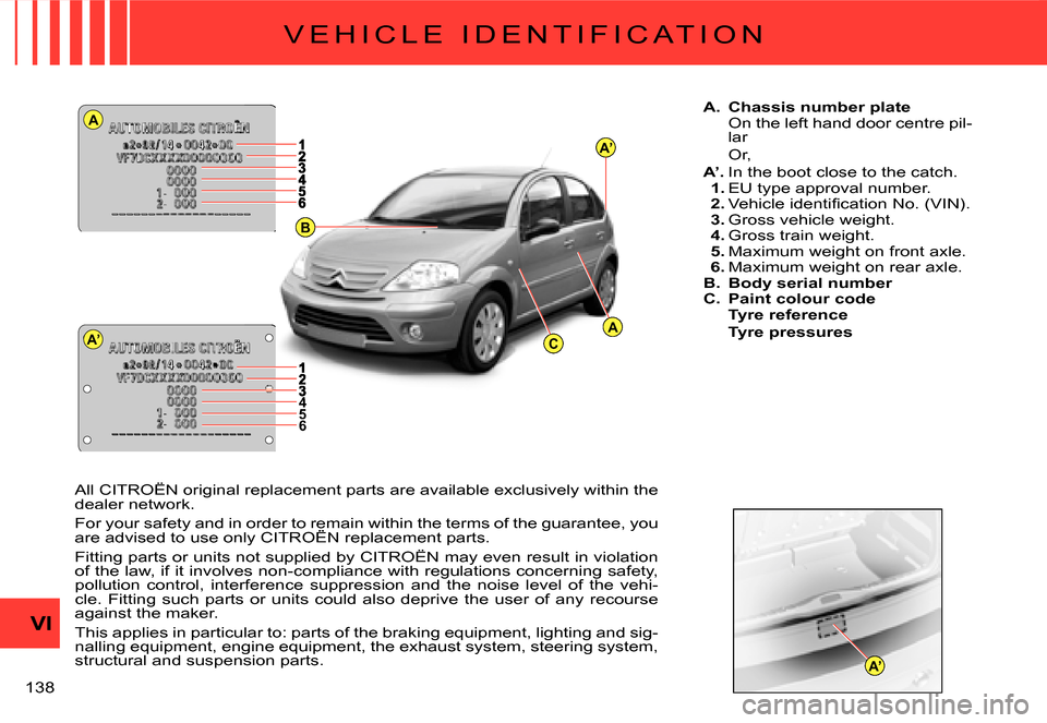 Citroen C3 2007.5 1.G Service Manual A
A’
A’
AC
B
A’
456
VI
�1�3�8� 
�V �E �H �I �C �L �E �  �I �D �E �N �T �I �F �I �C �A �T �I �O �N
A.  Chassis number plateOn the left hand door centre pil-lar
Or,A’. In the boot close to the c