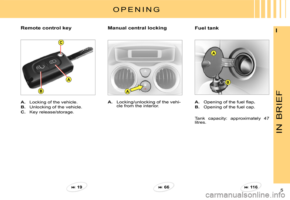 Citroen C3 PLURIEL DAG 2007.5 1.G Owners Manual A
C
BA
A
B
IN
BRIEF
5 
I�F�u�e�l� �t�a�n�k
A.�  �O�p�e�n�i�n�g� �o�f� �t�h�e� �f�u�e�l� �ﬂ� �a�p.
B.  Opening of the fuel cap.
Tank  capacity:  approximately  47 litres.
A.  Locking/unlocking of the