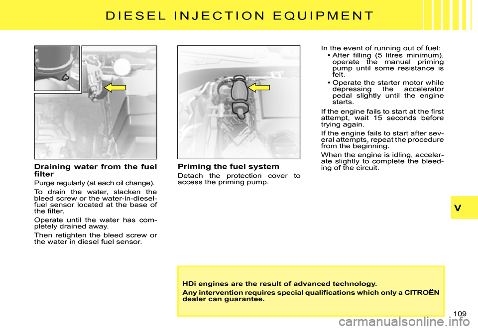 Citroen C3 PLURIEL DAG 2007.5 1.G Owners Manual V
�1�0�9� 
�D �I �E �S �E �L �  �I �N �J �E �C �T �I �O �N �  �E �Q �U �I �P �M �E �N �T
Priming the fuel system
Detach  the  protection  cover  to access the priming pump.
HDi engines are the result 