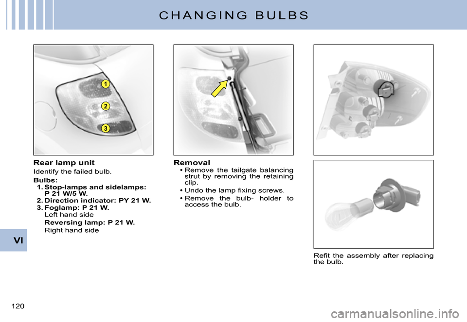 Citroen C3 PLURIEL DAG 2007.5 1.G Owners Manual 3
1
2
VI
�1�2�0� 
C H A N G I N G   B U L B S
Rear lamp unit
Identify the failed bulb.
Bulbs: 1. Stop-lamps and sidelamps: P 21 W/5 W.2. Direction indicator: PY 21 W.3. Foglamp: P 21 W.Left hand sideR