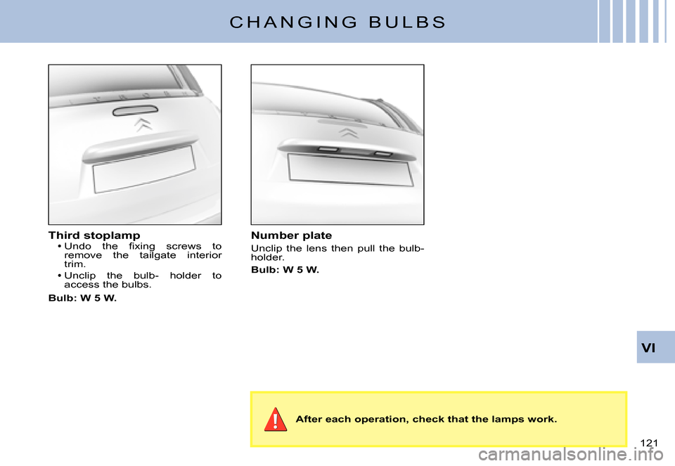 Citroen C3 PLURIEL DAG 2007.5 1.G Owners Manual VI
�1�2�1� 
C H A N G I N G   B U L B S
Third stoplamp�U�n�d�o�  �t�h�e�  �ﬁ� �x�i�n�g�  �s�c�r�e�w�s�  �t�o� remove  the  tailgate  interior trim.
Unclip  the  bulb-  holder  to access the bulbs.
B