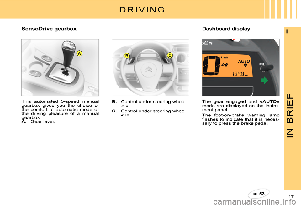 Citroen C3 PLURIEL DAG 2007.5 1.G User Guide BCA
IN
BRIEF
17 
I�D�a�s�h�b�o�a�r�d� �d�i�s�p�l�a�y� 
SensoDrive gearbox
B.  Control under steering wheel «-».
C.  Control under steering wheel «+».
This  automated  5-speed  manual gearbox  give