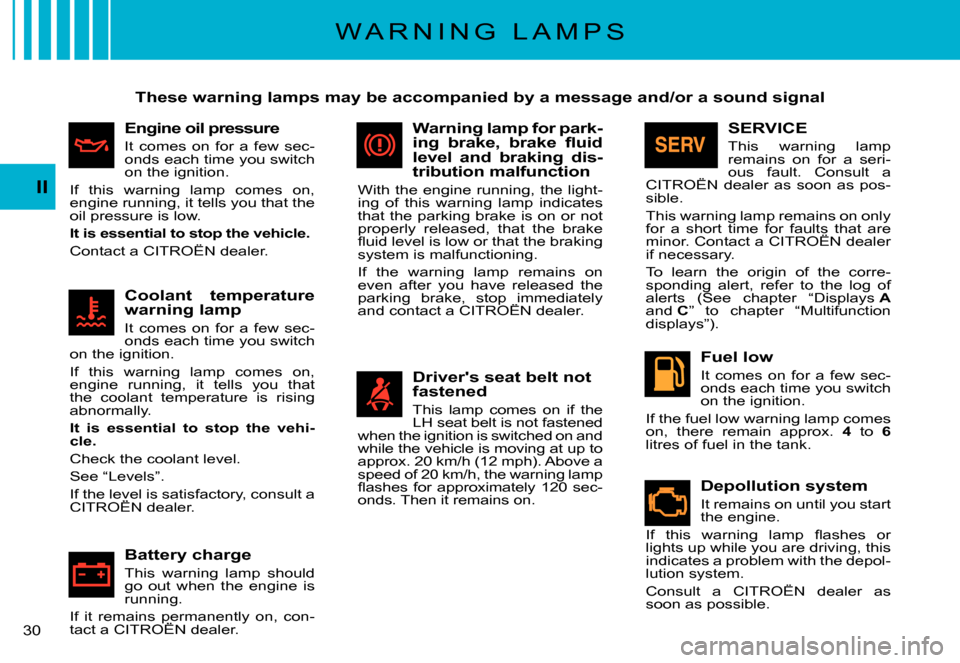 Citroen C3 PLURIEL DAG 2007.5 1.G Owners Manual II
�3�0� 
W A R N I N G   L A M P S
These warning lamps may be accompanied by a message and/or a sound signal
Engine oil pressure
It  comes  on  for  a  few  sec-onds each time you switch on the ignit