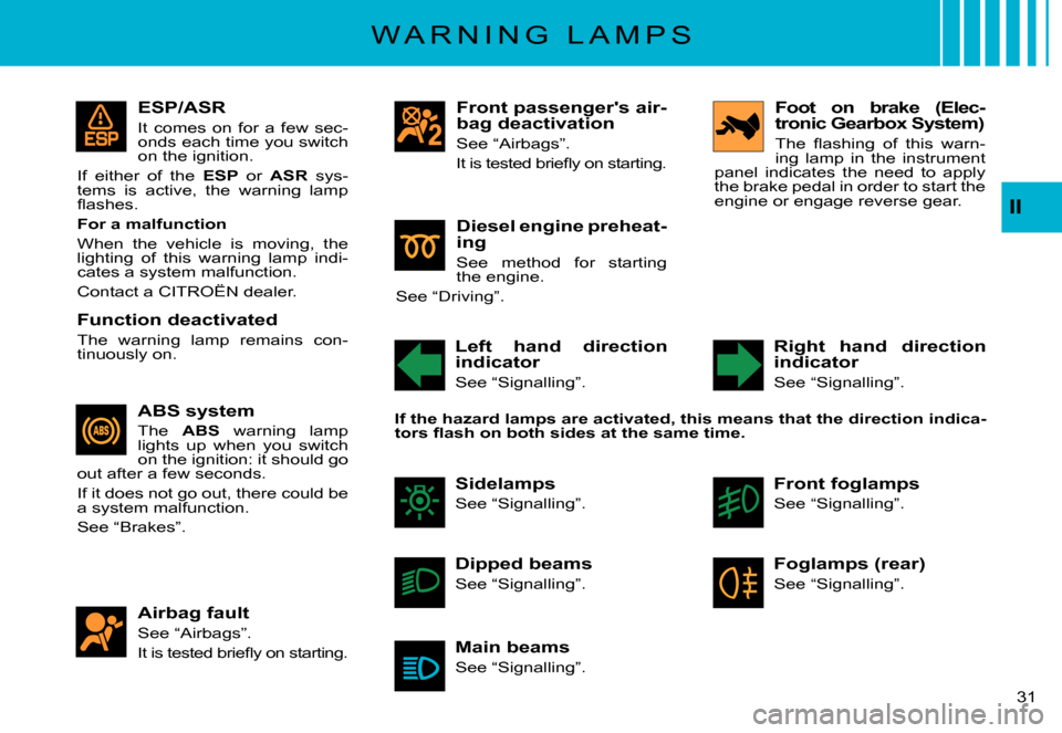 Citroen C3 PLURIEL DAG 2007.5 1.G Owners Manual II
�3�1� 
ESP/ASR
It  comes  on  for  a  few  sec-onds each time you switch on the ignition.
If  either  of  the ESP  or ASR  sys-tems  is  active,  the  warning  lamp �ﬂ� �a�s�h�e�s�.
For a malfunc