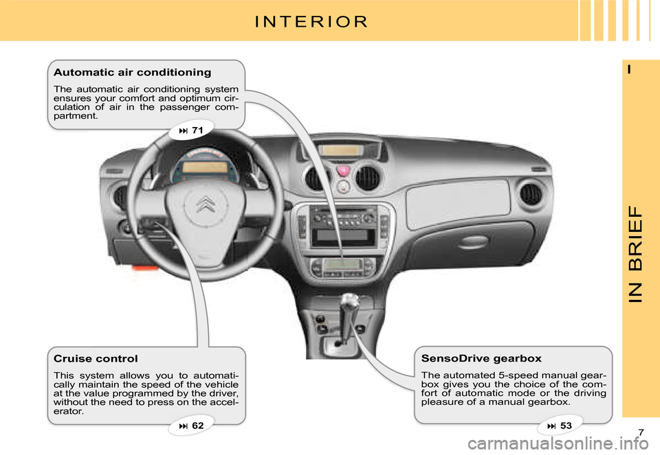 Citroen C3 PLURIEL DAG 2007.5 1.G Owners Manual IN
BRIEF
7 
I�A�u�t�o�m�a�t�i�c� �a�i�r� �c�o�n�d�i�t�i�o�n�i�n�g� 
The  automatic  air  conditioning  system ensures your comfort and optimum cir-culation  of  air  in  the  passenger  com-partment.
