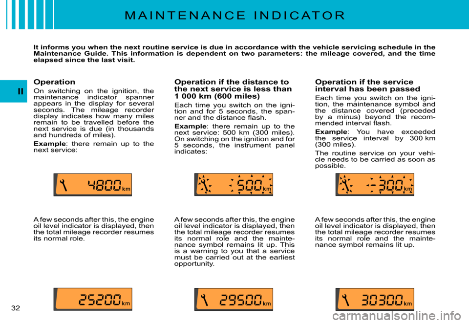 Citroen C3 PLURIEL DAG 2007.5 1.G Owners Guide II
�3�2� 
M A I N T E N A N C E   I N D I C A T O R
It informs you when the next routine service is due in accordance with the vehicle servicing schedule in the Maintenance  Guide.  This  information 