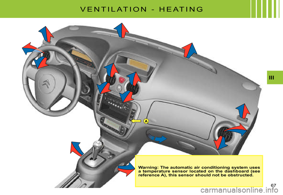 Citroen C3 PLURIEL DAG 2007.5 1.G Repair Manual A
III
�6�7� 
Warning: The automatic air conditioning system uses a  temperature  sensor  located  on  the  dashboard  (see reference A), this sensor should not be obstructed.
�V �E �N �T �I �L �A �T �