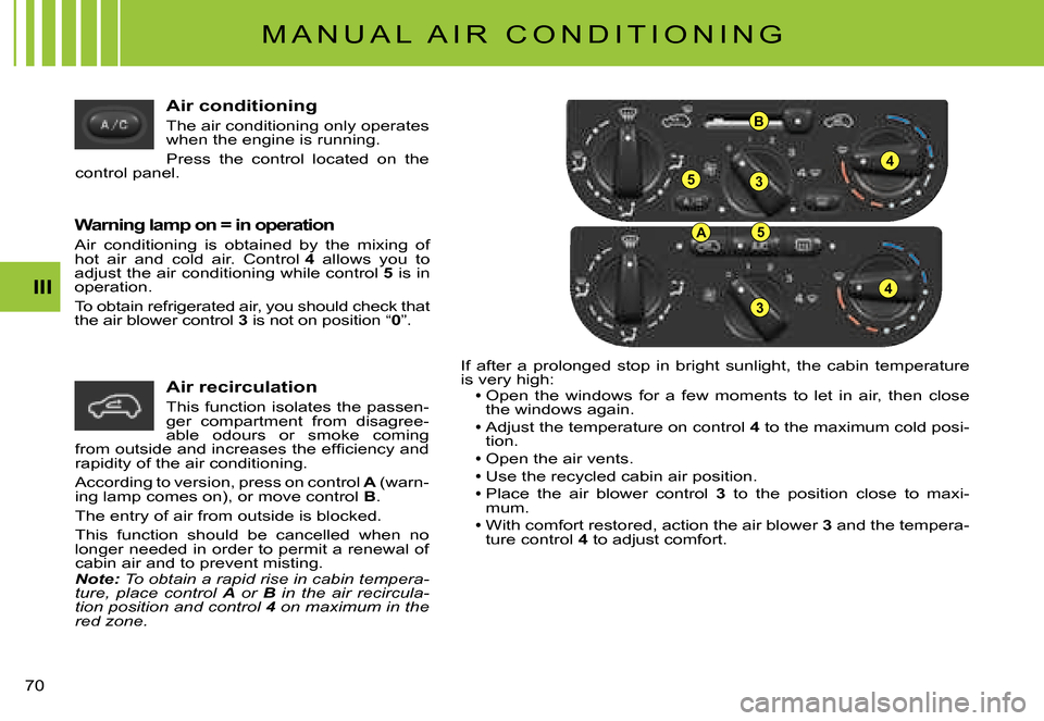Citroen C3 PLURIEL DAG 2007.5 1.G Repair Manual 53
4
B
A5
3
4III
�7�0� 
Air conditioning
The air conditioning only operates when the engine is running.
Press  the  control  located  on  the control panel.
Warning lamp on = in operation
Air  conditi