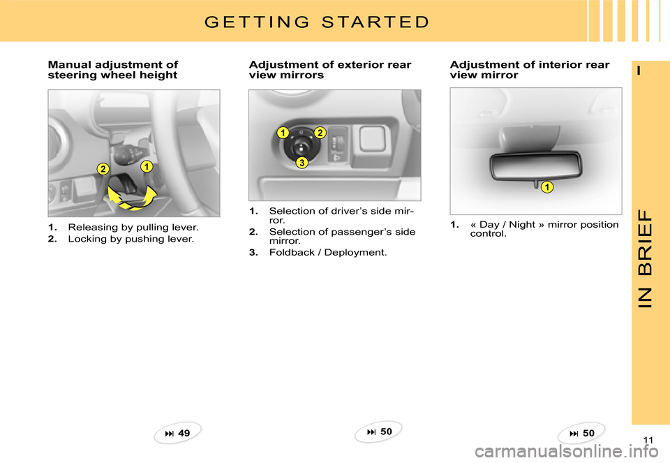 Citroen C3 PLURIEL DAG 2007.5 1.G Owners Manual 1
3
2
21
1
IN
BRIEF
11 
I
1.  Releasing by pulling lever.
2.  Locking by pushing lever.
�M�a�n�u�a�l� �a�d�j�u�s�t�m�e�n�t� �o�f�  
steering wheel height�A�d�j�u�s�t�m�e�n�t� �o�f� �e�x�t�e�r�i�o�r� �