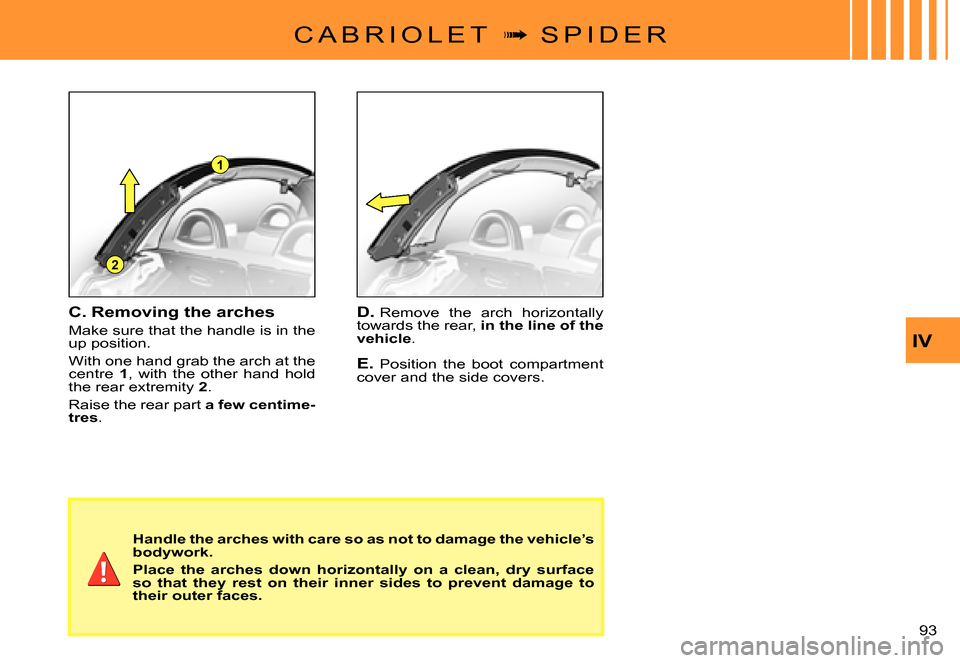 Citroen C3 PLURIEL DAG 2007.5 1.G Owners Manual 1
2
IV
�9�3� 
C A B R I O L E T  �  S P I D E R
D. Remove  the  arch  horizontally towards the rear, in the line of the vehicle.
E. Position  the  boot  compartment cover and the side covers.
C. Re