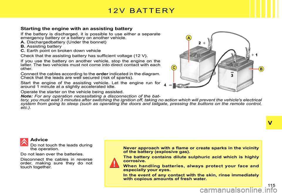 Citroen C3 PLURIEL 2007.5 1.G Owners Manual 4
A
CB
V
�1�1�5� 
�1 �2 �V �  �B �A �T �T �E �R �Y
Starting the engine with an assisting battery
If  the  battery  is  discharged,  it  is  possible  to  use  either  a  separate emergency battery or 