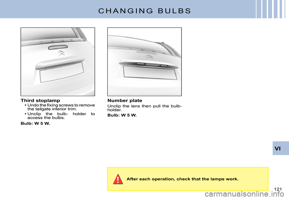 Citroen C3 PLURIEL 2007.5 1.G Owners Manual VI
�1�2�1� 
C H A N G I N G   B U L B S
Third stoplamp�U�n�d�o� �t�h�e� �ﬁ� �x�i�n�g� �s�c�r�e�w�s� �t�o� �r�e�m�o�v�e� the tailgate interior trim.
Unclip  the  bulb-  holder  to access the bulbs.
B