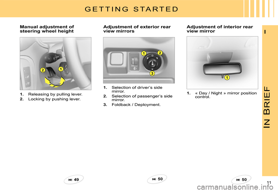 Citroen C3 PLURIEL 2007.5 1.G Owners Manual 1
3
2
21
1
IN
 B
RIEF
11 
I
1.  Releasing by pulling lever.
2.  Locking by pushing lever.
�M�a�n�u�a�l� �a�d�j�u�s�t�m�e�n�t� �o�f�  
steering wheel height�A�d�j�u�s�t�m�e�n�t� �o�f� �e�x�t�e�r�i�o�r�