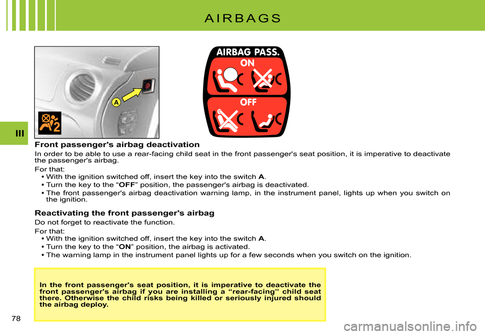 Citroen C3 PLURIEL 2007.5 1.G User Guide A
III
�7�8� 
A I R B A G S
In  the  front  passengers  seat  position,  it  is  imperative  to  deactivate  the front  passengers  airbag  if  you  are  installing  a  “r ear-facing”  child  sea