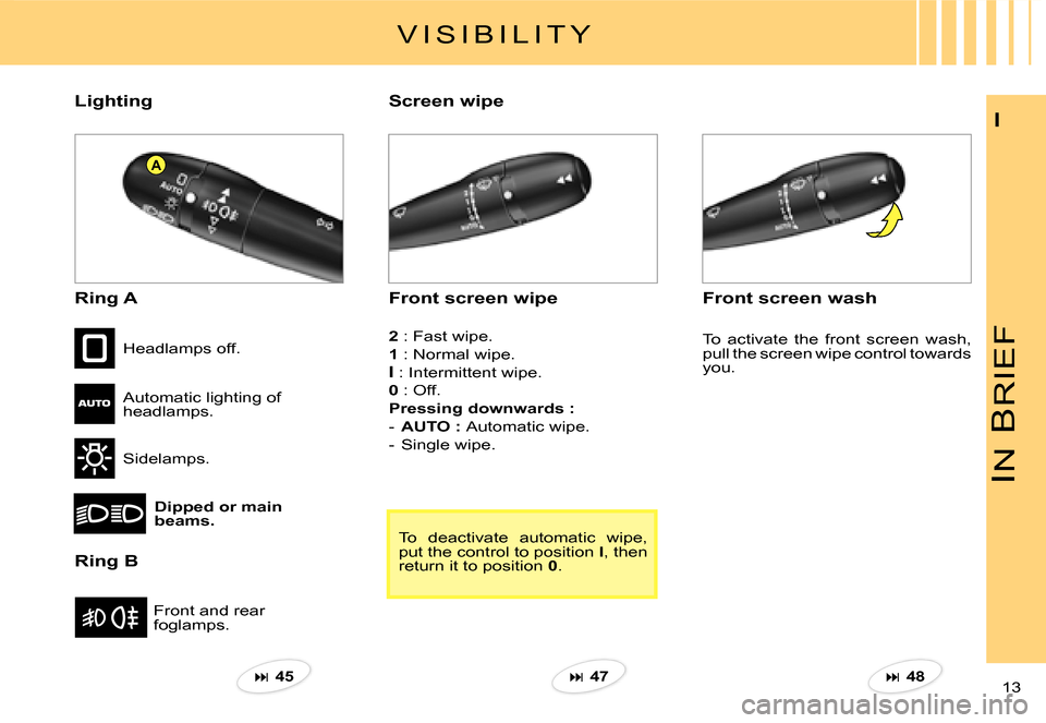 Citroen C3 PLURIEL 2007.5 1.G Owners Manual A
IN
 B
RIEF
13 
I
Lighting
Ring A
Ring B
Front and rear foglamps.
Headlamps off.
Automatic lighting of headlamps.
Sidelamps.
Dipped or main beams.
Front screen wipe
Screen wipe
Front screen wash 
2 :