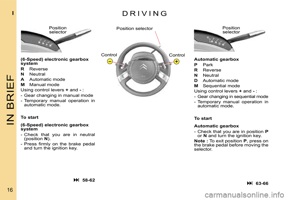 Citroen C4 PICASSO DAG 2007.5 1.G User Guide �+�–
�I�N� �B�R�I�E�F
�I
�1�6
�D �R �I �V �I �N �G� 
�(�6�-�S�p�e�e�d�)� �e�l�e�c�t�r�o�n�i�c� �g�e�a�r�b�o�x�  
�s�y�s�t�e�m�  
�R� �R�e�v�e�r�s�e
�N�  �N�e�u�t�r�a�l
�A�  �A�u�t�o�m�a�t�i�c� �m�o�