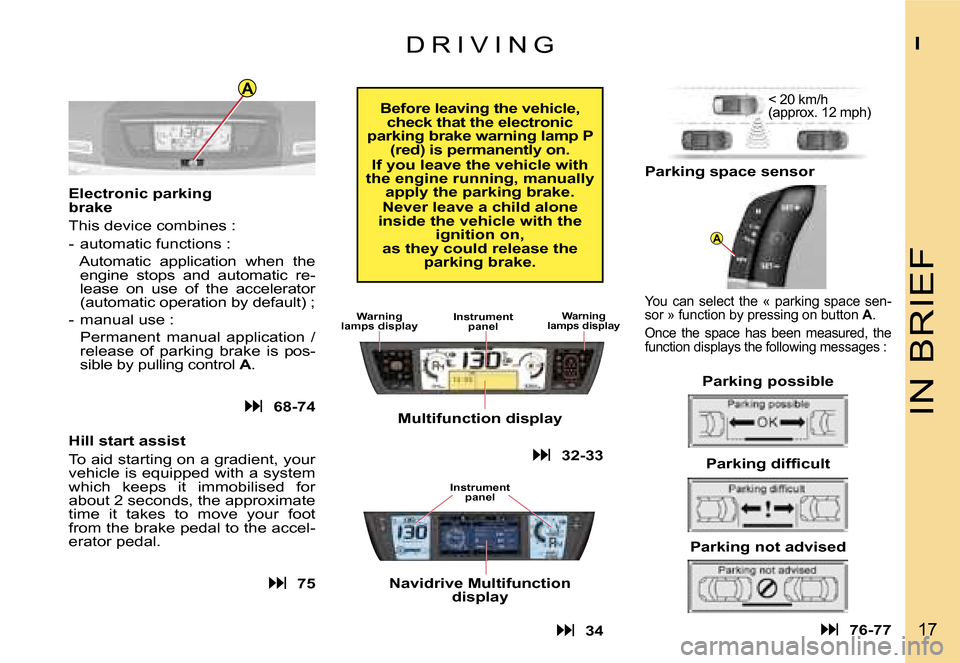 Citroen C4 PICASSO DAG 2007.5 1.G User Guide �A
�A
�I�N� �B�R�I�E�F
�I
�1�7
�D �R �I �V �I �N �G
�E�l�e�c�t�r�o�n�i�c� �p�a�r�k�i�n�g� � 
�b�r�a�k�e�  
�T�h�i�s� �d�e�v�i�c�e� �c�o�m�b�i�n�e�s� �:� 
�-�  �a�u�t�o�m�a�t�i�c� �f�u�n�c�t�i�o�n�s� �