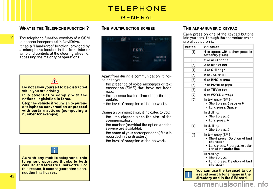 Citroen C4 PICASSO DAG 2007.5 1.G Owners Manual 4242
V
T E L E P H O N E
G E N E R A L
The telephone function consists of a GSM telephone incorporated in NaviDrive.It has a “Hands-free” function, provided by a microphone located in the Citroen C4 PICASSO DAG 2007.5 1.G Owners Manual 4242
V
T E L E P H O N E
G E N E R A L
The telephone function consists of a GSM telephone incorporated in NaviDrive.It has a “Hands-free” function, provided by a microphone located in the