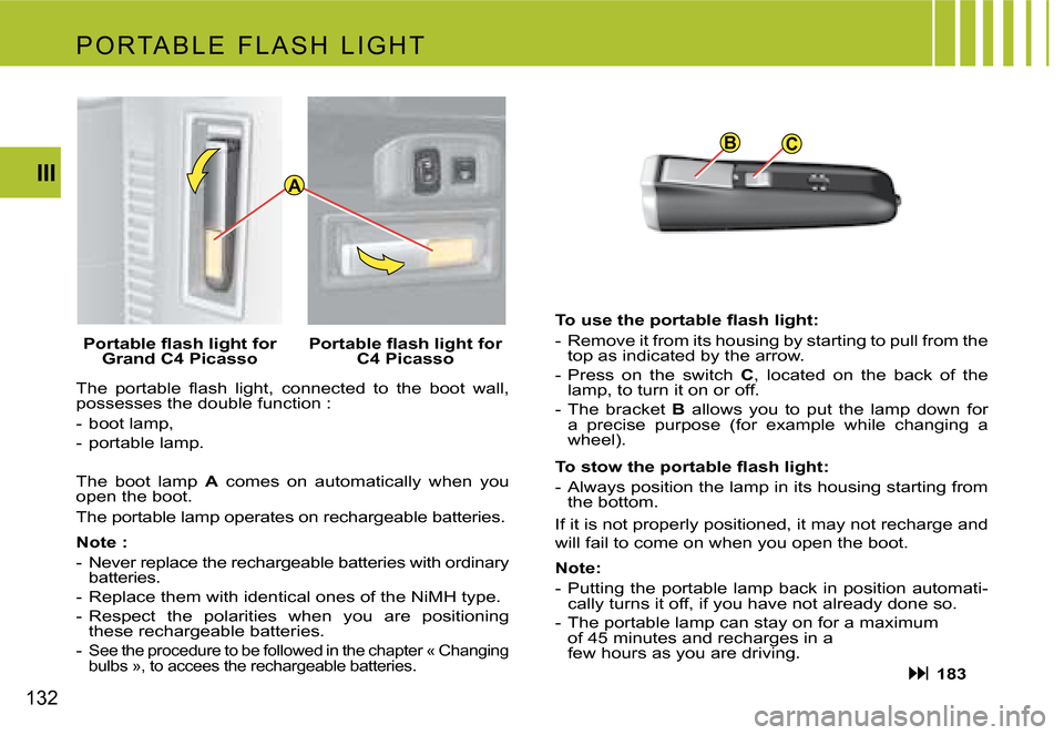 Citroen C4 PICASSO 2007.5 1.G Owners Manual CB
A
132III
�T�h�e�  �p�o�r�t�a�b�l�e�  �ﬂ�a�s�h�  �l�i�g�h�t�,�  �c�o�n�n�e�c�t�e�d�  �t�o�  �t�h�e�  �b�o�o�t�  �w�a�l�l�,�  
possesses the double function : 
-  boot lamp,  
-  portable lamp. 
Th