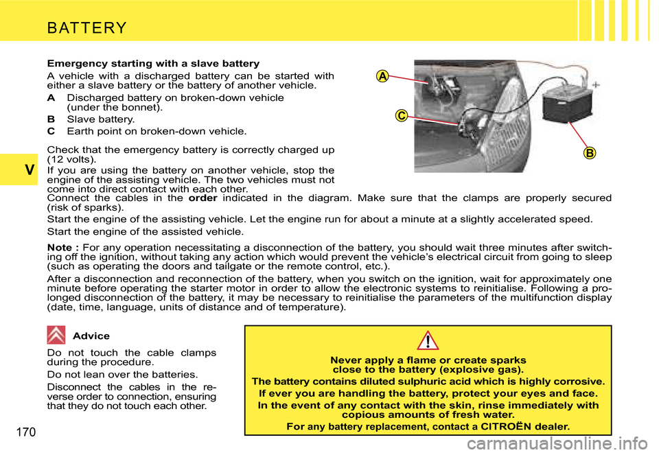 Citroen C4 PICASSO 2007.5 1.G Owners Manual �A
�C
�B
�1�7�0
�V�B �A�T �T �E �R �Y
�E�m�e�r�g�e�n�c�y� �s�t�a�r�t�i�n�g� �w�i�t�h� �a� �s�l�a�v�e� �b�a�t�t�e�r�y 
�A�  �v�e�h�i�c�l�e�  �w�i�t�h�  �a�  �d�i�s�c�h�a�r�g�e�d�  �b�a�t�t�e�r�y�  �c�a