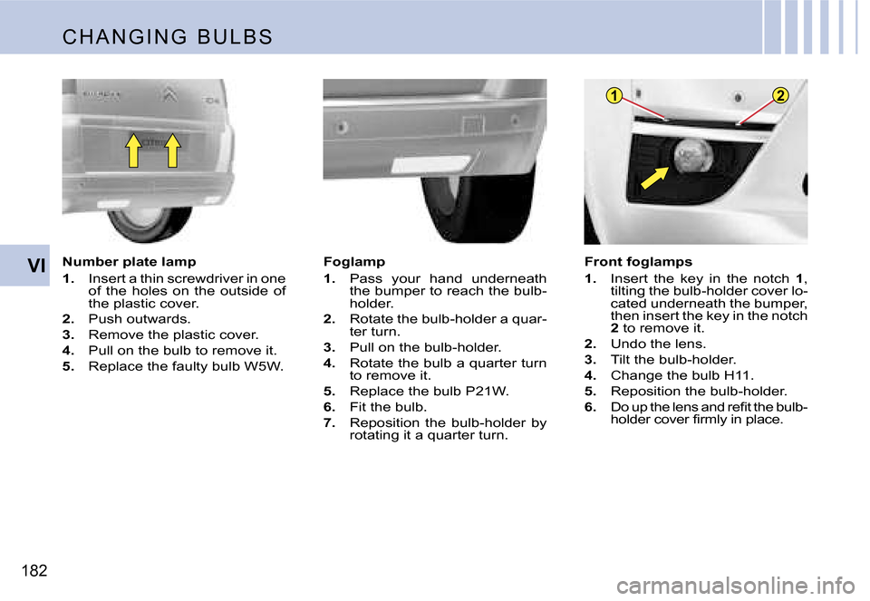 Citroen C4 PICASSO 2007.5 1.G Owners Manual �1�2
�1�8�2
�V�I
�C �H �A �N �G �I �N �G �  �B �U �L �B �S
�N�u�m�b�e�r� �p�l�a�t�e� �l�a�m�p 
�1�.� �I�n�s�e�r�t� �a� �t�h�i�n� �s�c�r�e�w�d�r�i�v�e�r� �i�n� �o�n�e�  
�o�f�  �t�h�e�  �h�o�l�e�s�  �o