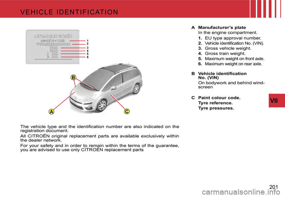 Citroen C4 PICASSO 2007.5 1.G Owners Manual �A
�B
�C
�1
�2
�3
�4
�6
�5
�V�I�I
�2�0�1
�V �E �H �I �C �L �E �  �I �D �E �N �T �I �F �I �C �A�T �I �O �N
�A�  �M�a�n�u�f�a�c�t�u�r�e�r�’�s� �p�l�a�t�e
�I�n� �t�h�e� �e�n�g�i�n�e� �c�o�m�p�a�r�t�m�e