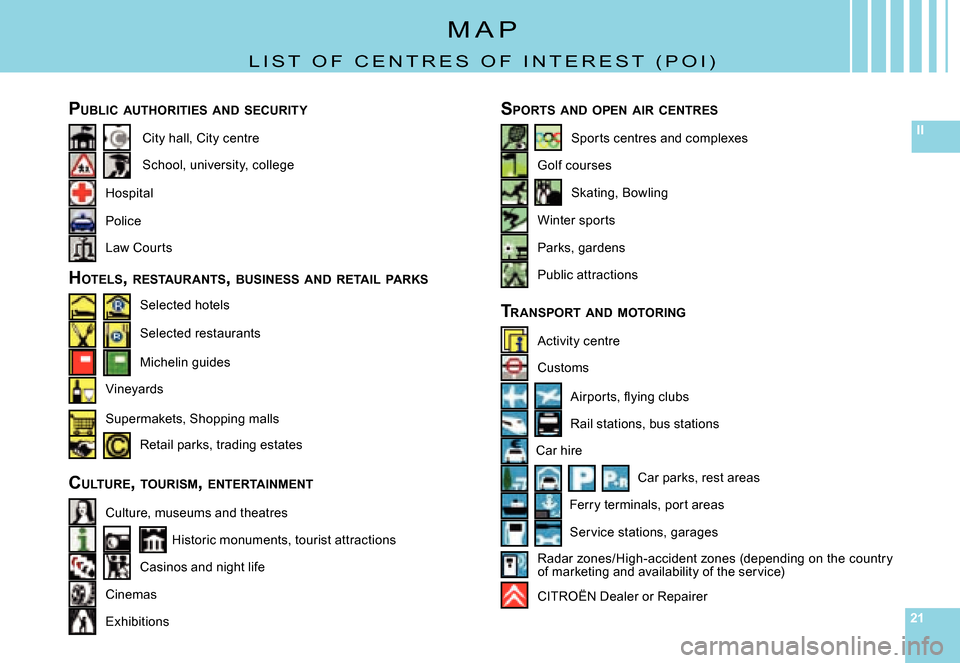 Citroen C4 PICASSO 2007.5 1.G Owners Manual 212121
IICity hall, City centre
Hospital
PUBLIC  AUTHORITIES  AND  SECURITY
School, university, college
H OTELS , RESTAURANTS , BUSINESS  AND  RETAIL  PARKS
Selected hotels
Vineyards
Selected restaura
