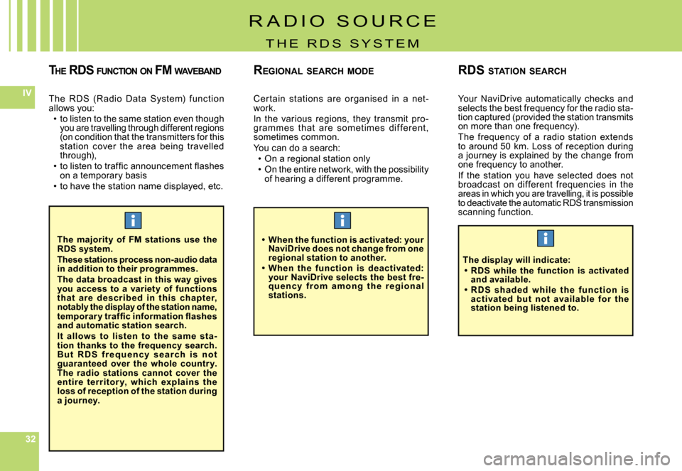 Citroen C4 PICASSO 2007.5 1.G Owners Manual 323232
IVThe  RdS  (Radio  data  System)  function allows you:to listen to the same station even though you are travelling through different regions (on condition that the transmitters for this statio