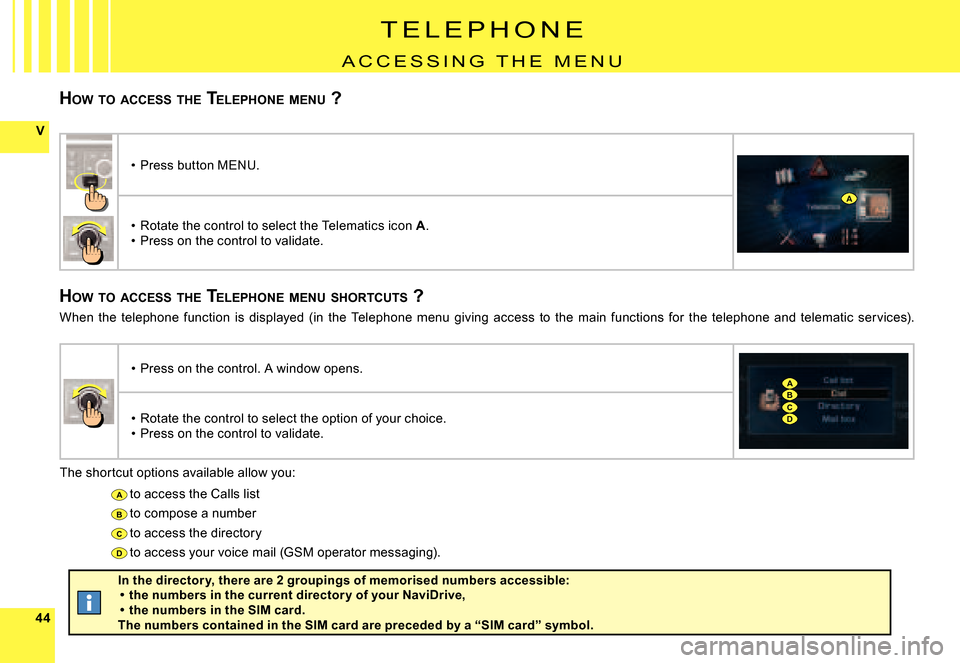 Citroen C4 PICASSO 2007.5 1.G Owners Manual 4444
V
A
B
C
D
A
BC
A
D
T E L E P H o N E
A C C E S S i N G   T H E   M E N U
HOW  TO  ACCESS  THE  TELEPHONE  MENU  ?
HOW  TO  ACCESS  THE  TELEPHONE  MENU  SHORTCUTS  ?
The shortcut options availabl