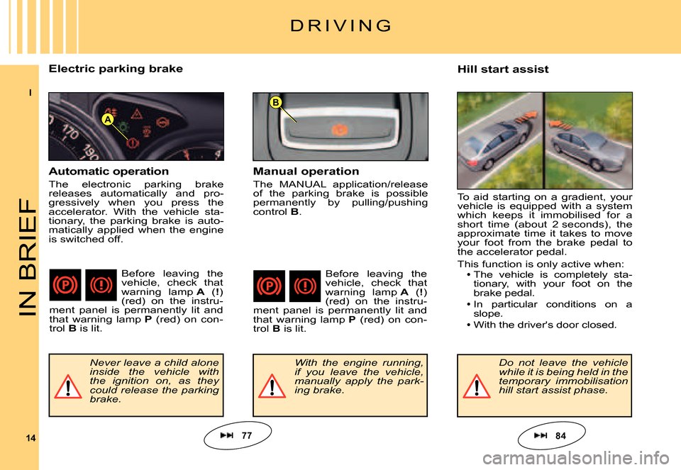 Citroen C5 DAG 2007.5 (DC/DE) / 1.G Owners Manual I
14
B
A
IN BRIEF
D R I V I N G
Electric parking brake
77
Never leave a child alone inside the vehicle with the ignition on, as they could release the parking brake.
Hill start assist
Manual op Citroen C5 DAG 2007.5 (DC/DE) / 1.G Owners Manual I
14
B
A
IN BRIEF
D R I V I N G
Electric parking brake
77
Never leave a child alone inside the vehicle with the ignition on, as they could release the parking brake.
Hill start assist
Manual op