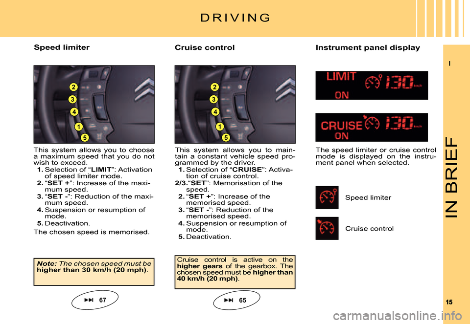 Citroen C5 DAG 2007.5 (DC/DE) / 1.G User Guide II
1515
2
3
4
1
5
2
3
4
1
5
IN BRIEF
D R I V I N G
This  system  allows  you  to  main-tain  a  constant  vehicle  speed  pro-grammed by the driver.1. Selection of “CRUISE”: Activa-tion of cruise 