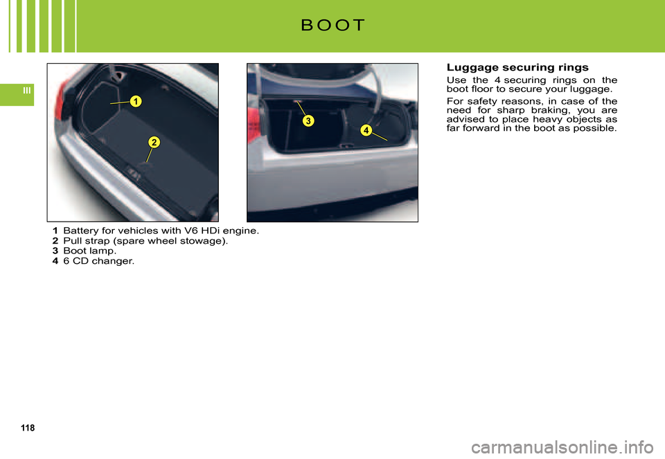 Citroen C5 DAG 2007.5 (DC/DE) / 1.G Owners Manual 118
III
2
1
43
B O O T
1 Battery for vehicles with V6 HDi engine.2 Pull strap (spare wheel stowage).3 Boot lamp.4 6 CD changer.
Luggage securing rings
Use  the  4 securing  rings  on  the �b�o�o�t� ��