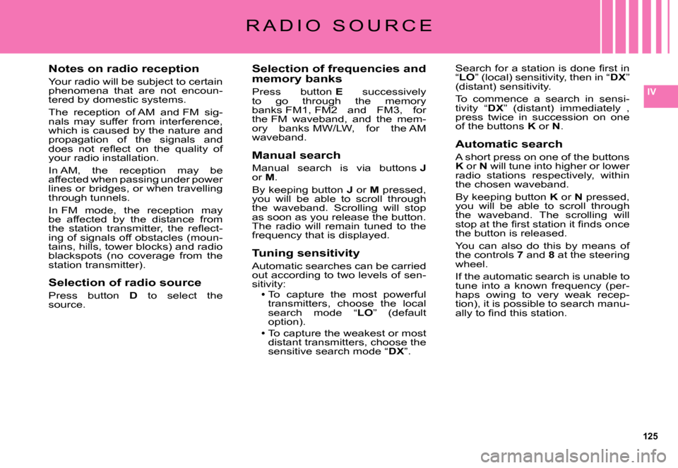 Citroen C5 DAG 2007.5 (DC/DE) / 1.G Owners Manual 125
IV
Notes on radio reception
Your radio will be subject to certain phenomena  that  are  not  encoun-tered by domestic systems.
The  reception  of AM  and FM  sig-nals  may  suffer  from  interfere